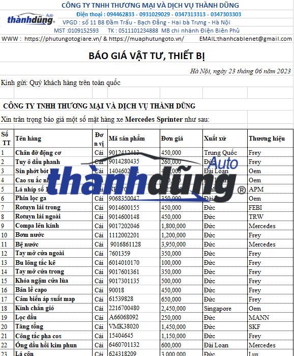 PHỤ TÙNG MERCEDES SPRINTER CHÍNH HÃNG