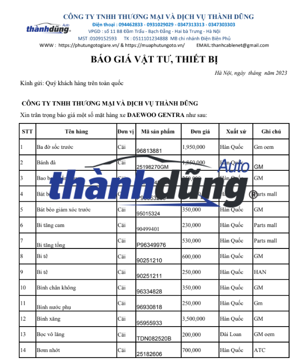PHỤ TÙNG DAEWOO GENTRA CHÍNH HÃNG