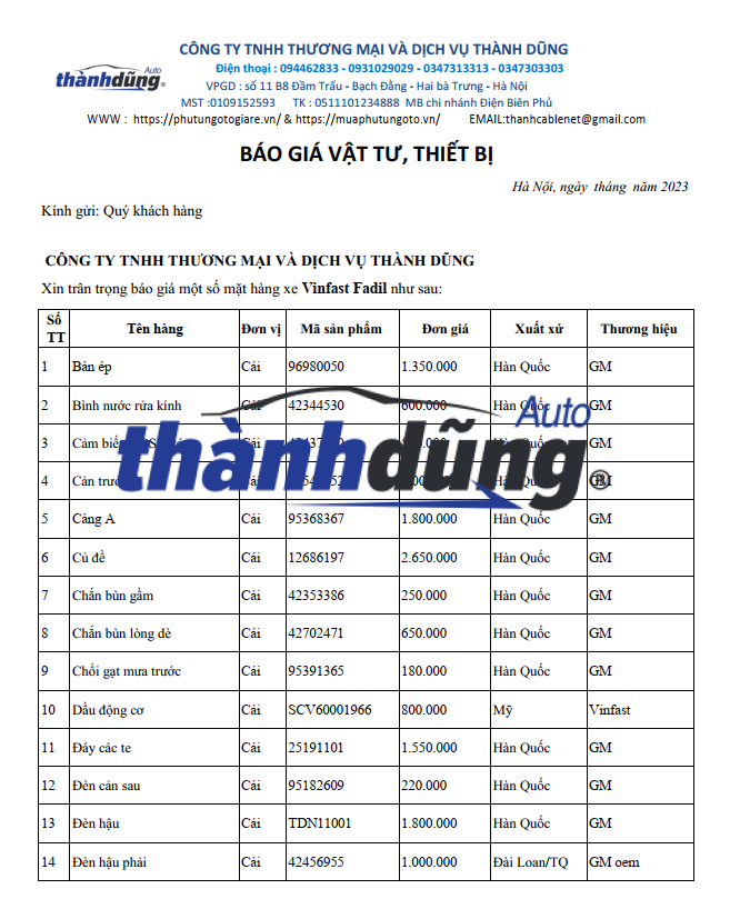 PHỤ TÙNG VINFAST FADIL CHÍNH HÃNG