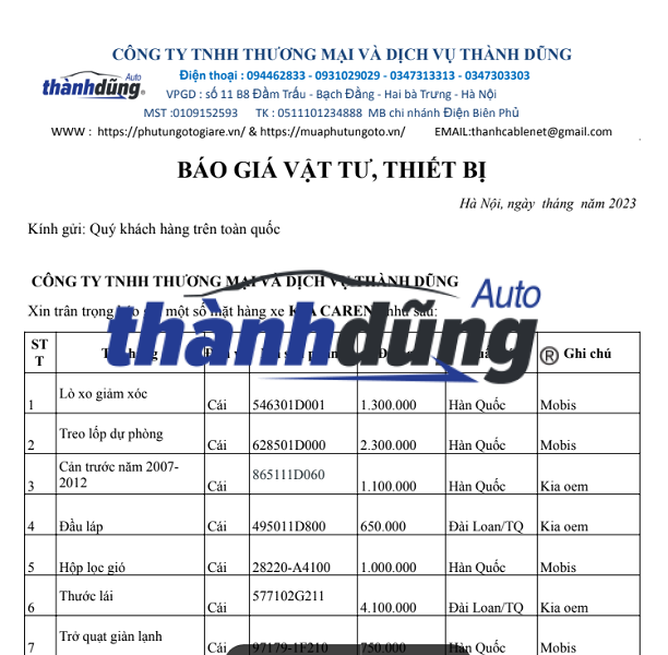 PHỤ TÙNG KIA CARENS CHÍNH HÃNG