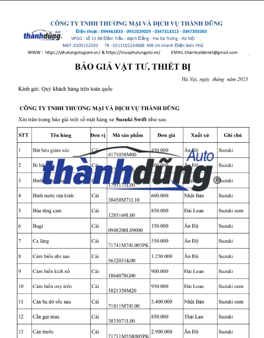 PHỤ TÙNG SUZUKI SWIFT CHÍNH HÃNG