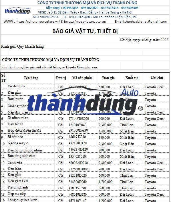 PHỤ TÙNG TOYOTA VIOS CHÍNH HÃNG