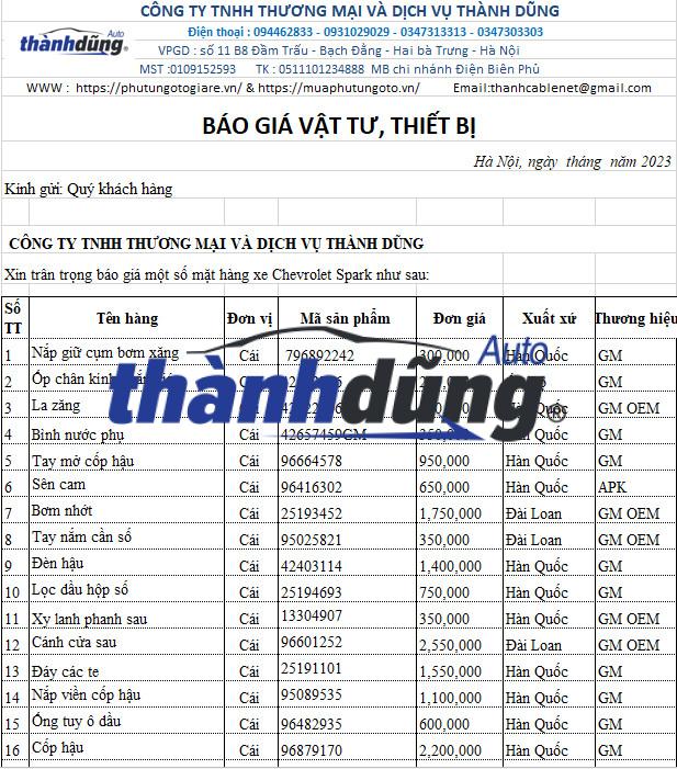 PHỤ TÙNG CHEVROLET SPARK CHÍNH HÃNG