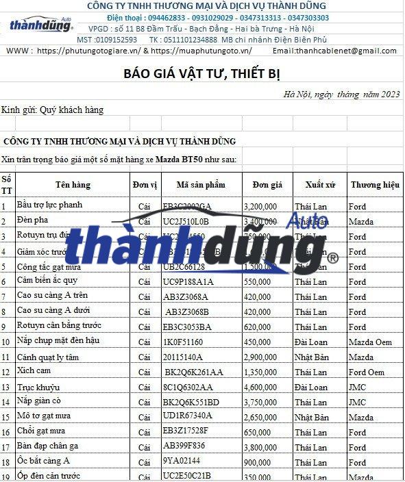 PHỤ TÙNG MAZDA BT50 CHÍNH HÃNG