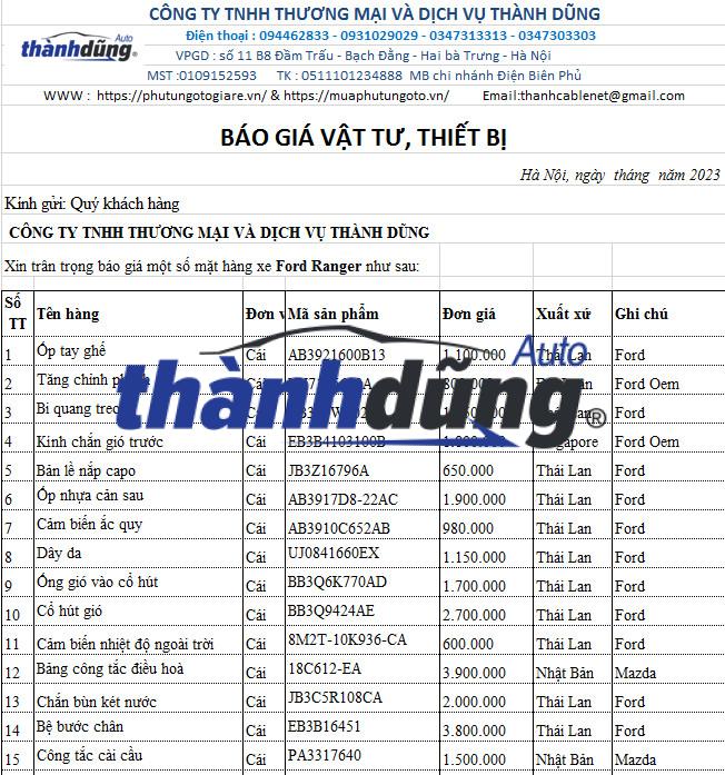 PHỤ TÙNG FORD RANGER CHÍNH HÃNG