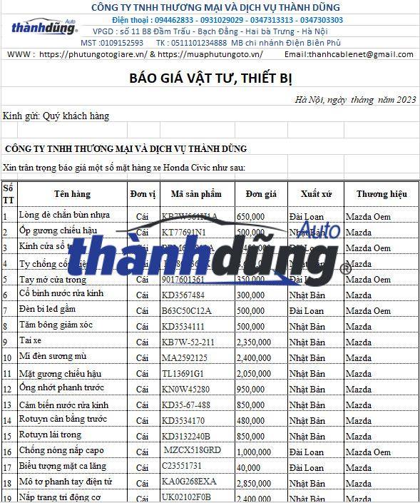 PHỤ TÙNG MAZDA CX5 CHÍNH HÃNG