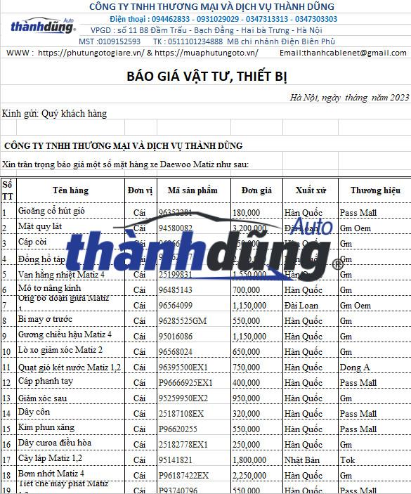 PHỤ TÙNG DAEWOO MATIZ CHÍNH HÃNG