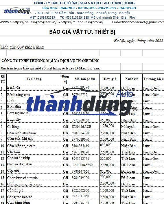 PHỤ TÙNG ISUZU DMAX CHÍNH HÃNG