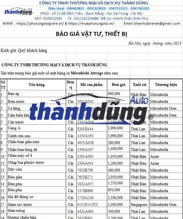 PHỤ TÙNG MITSUBISHI ATTRAGE CHÍNH HÃNG