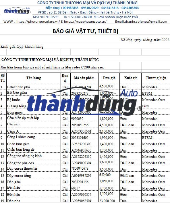 PHỤ TÙNG MERCEDES C200 CHÍNH HÃNG