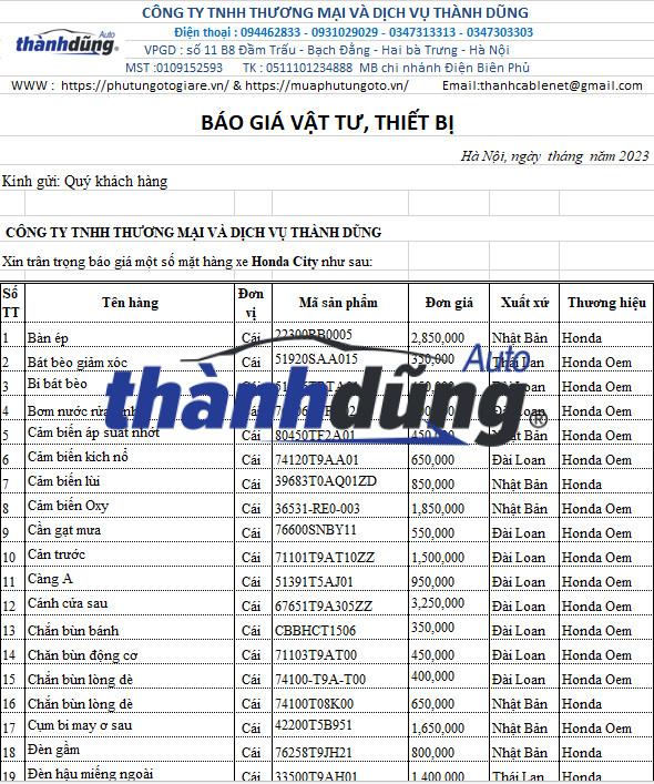 PHỤ TÙNG HONDA CITY CHÍNH HÃNG