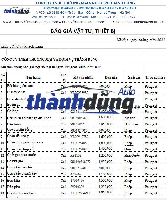 PHỤ TÙNG PEUGEOT 3008 CHÍNH HÃNG