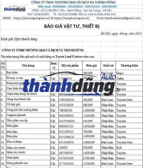 PHỤ TÙNG TOYOTA LAND CRUISER CHÍNH HÃNG