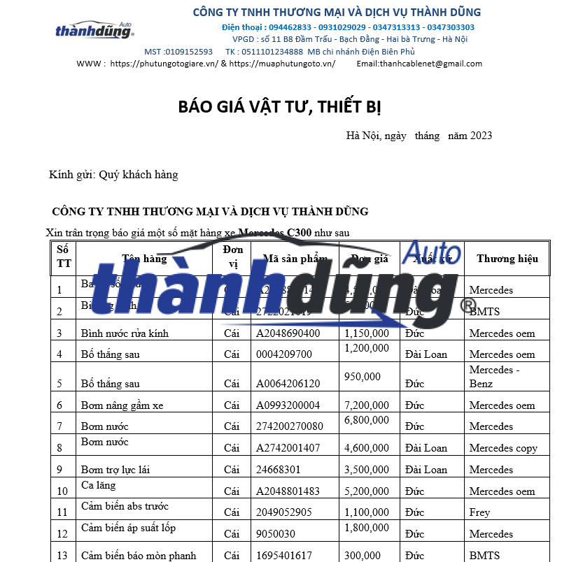 PHỤ TÙNG MERCEDES C300 CHÍNH HÃNG