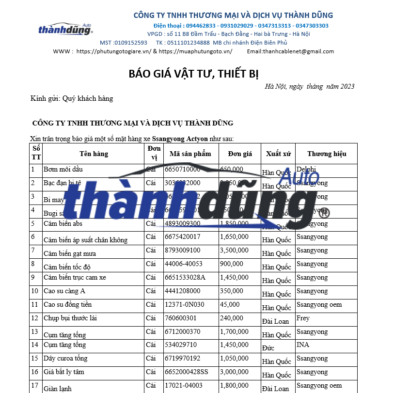 PHỤ TÙNG SSANGYONG ACTYON CHÍNH HÃNG