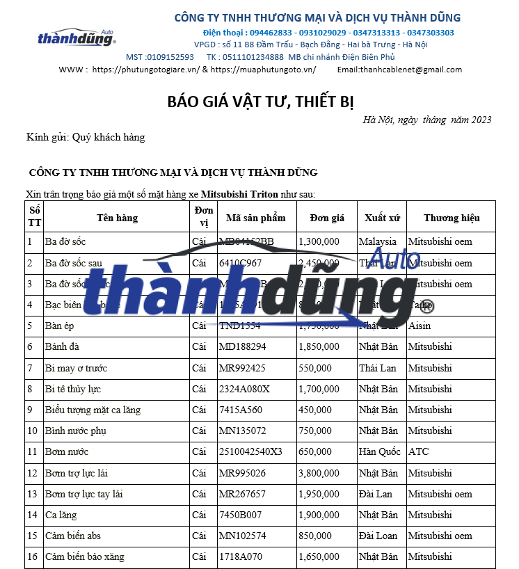 PHỤ TÙNG MITSUBISHI TRITON CHÍNH HÃNG