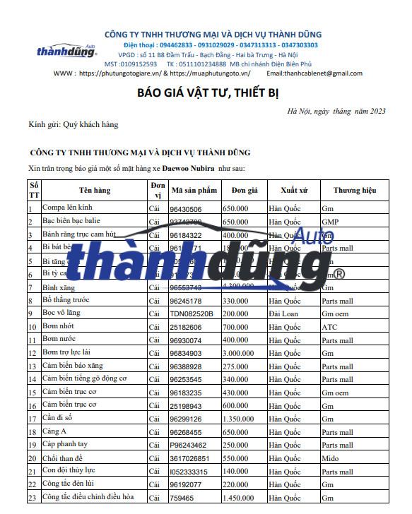 PHỤ TÙNG DAEWOO NUBIRA CHÍNH HÃNG