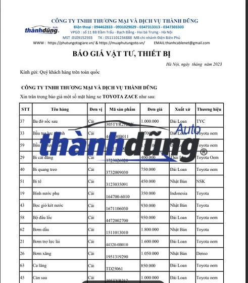 PHỤ TÙNG TOYOTA ZACE CHÍNH HÃNG