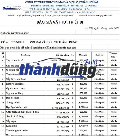 PHỤ TÙNG HYUNDAI SANTAFE CHÍNH HÃNG