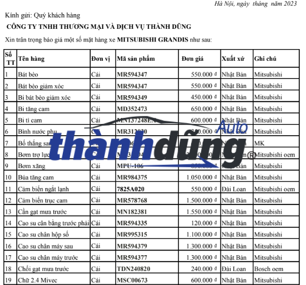PHỤ TÙNG MITSUBISHI GRANDIS CHÍNH HÃNG