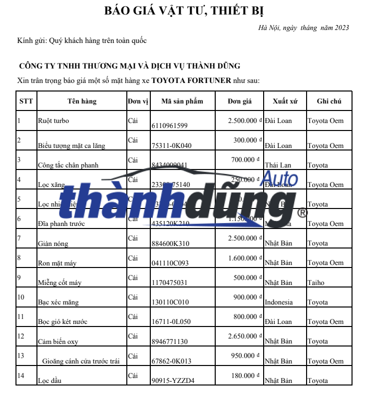 PHỤ TÙNG TOYOTA FORTUNERCHÍNH HÃNG