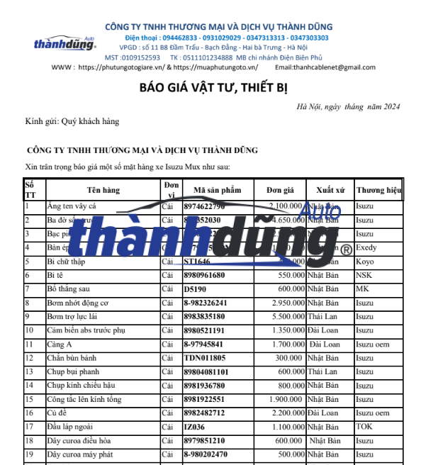 PHỤ TÙNG ISUZU MUX CHÍNH HÃNG