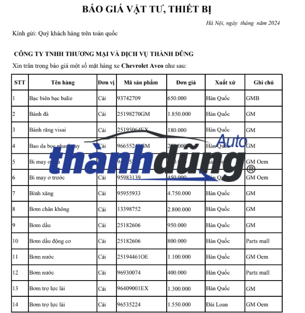 PHỤ TÙNG CHEVROLET AVEO CHÍNH HÃNG