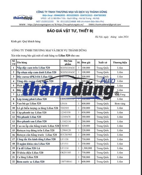 PHỤ TÙNG LIFAN 520 CHÍNH HÃNG