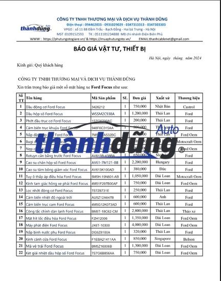PHỤ TÙNG FORD FOCUS CHÍNH HÃNG
