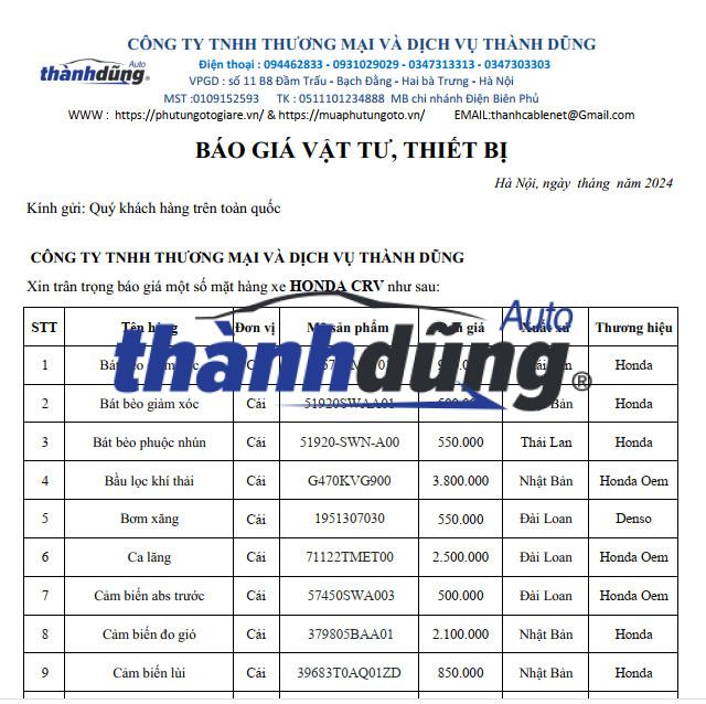 PHỤ TÙNG HONDA CRV CHÍNH HÃNG