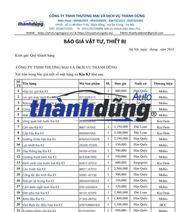 PHỤ TÙNG KIA K3 CHÍNH HÃNG